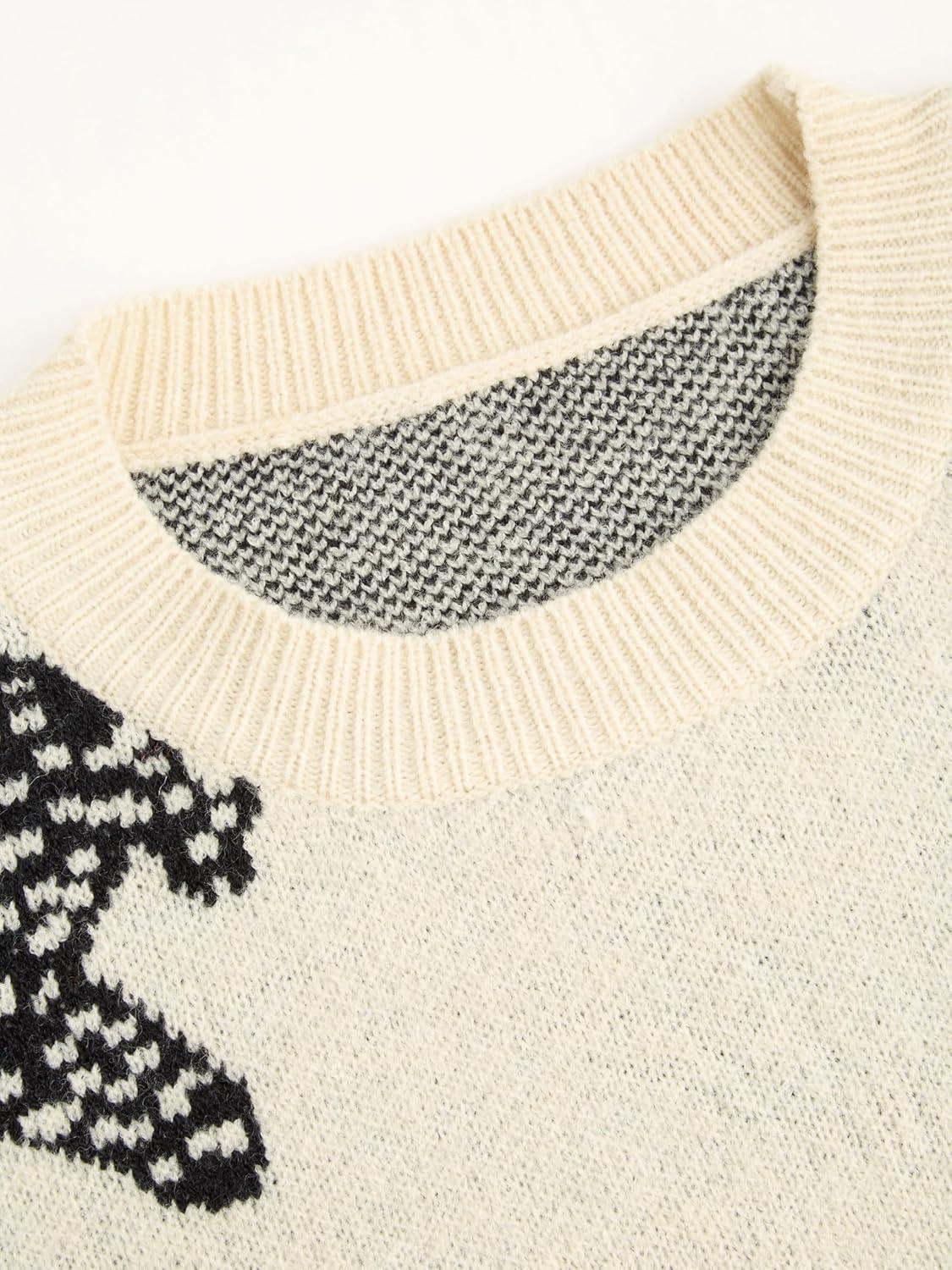 imageCIDER Womens Leopard Crew Neck Long Sleeve Boho Knit Sweater Casual Pullover Fall SweaterKhaki