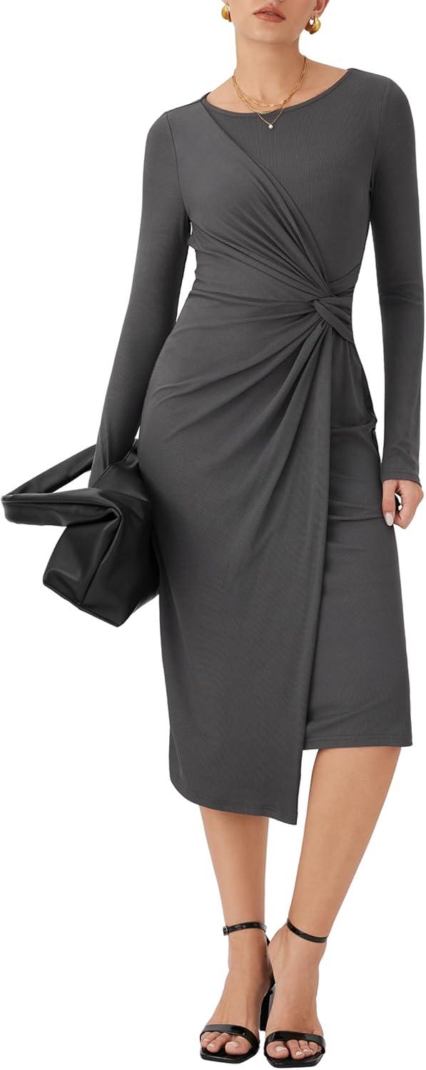 imageCIDER Womens Long Sleeve Dress Boat Neck Twist Waist Bodycon Midi Dress Elegant Cocktail Party Trendy Fall DressesGrey