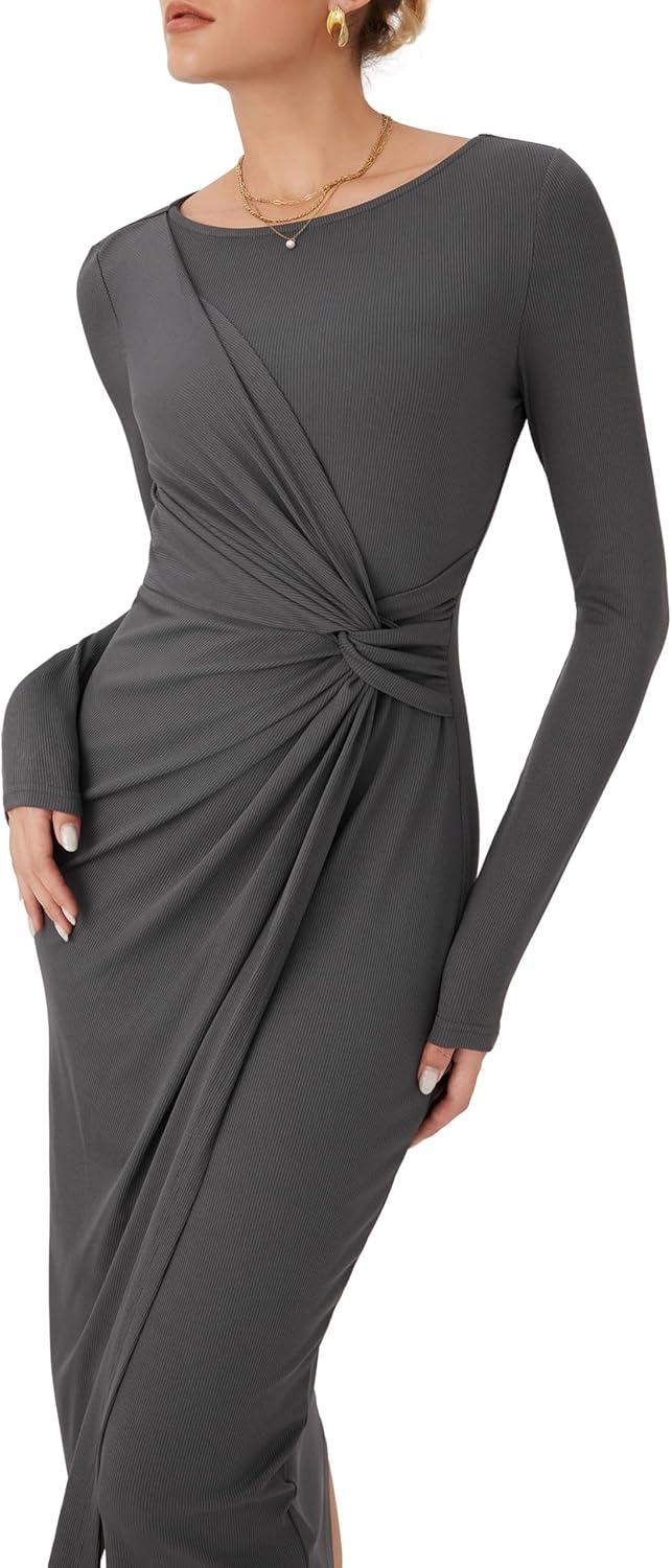 imageCIDER Womens Long Sleeve Dress Boat Neck Twist Waist Bodycon Midi Dress Elegant Cocktail Party Trendy Fall DressesGrey
