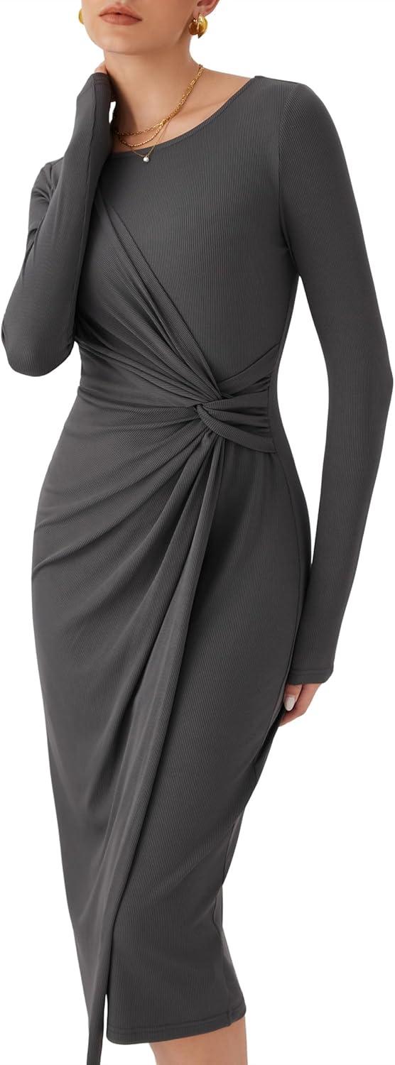 imageCIDER Womens Long Sleeve Dress Boat Neck Twist Waist Bodycon Midi Dress Elegant Cocktail Party Trendy Fall DressesGrey
