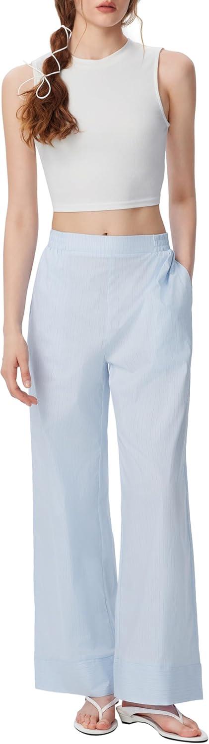 imageCIDER Womens Mid Waist Wide Leg Pants Striped Casual Business Bottoms with PocketsBaby Blue