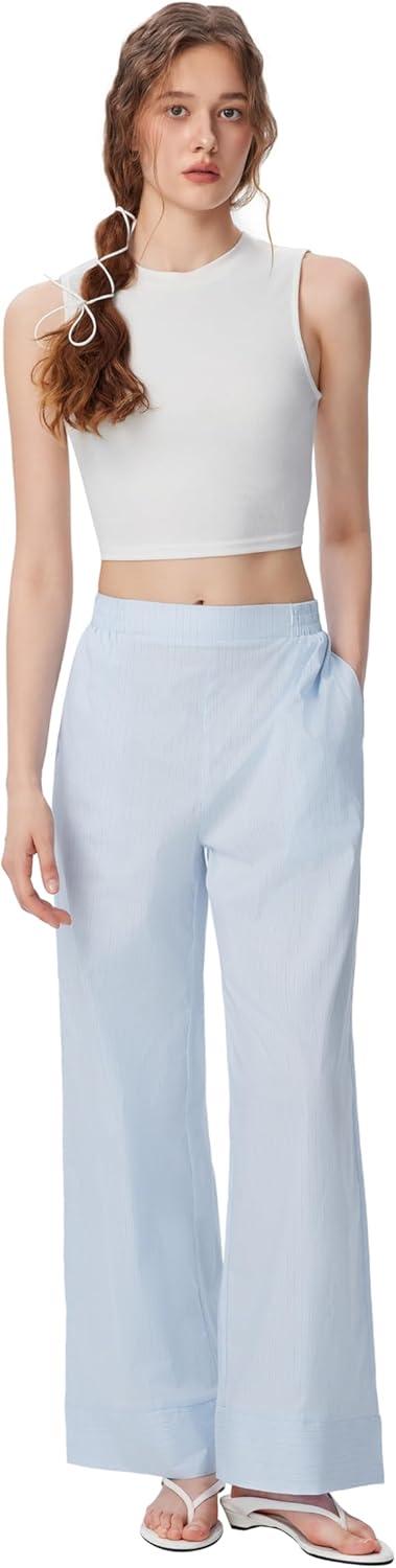 imageCIDER Womens Mid Waist Wide Leg Pants Striped Casual Business Bottoms with PocketsBaby Blue