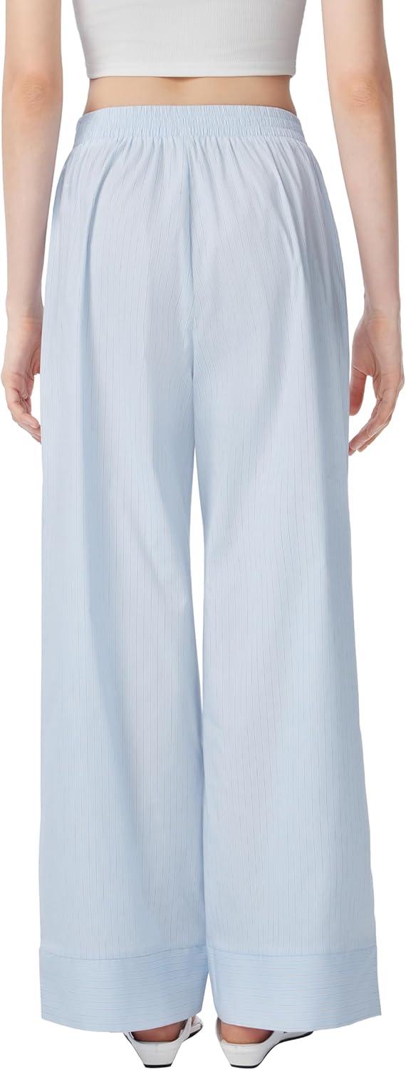 imageCIDER Womens Mid Waist Wide Leg Pants Striped Casual Business Bottoms with PocketsBaby Blue