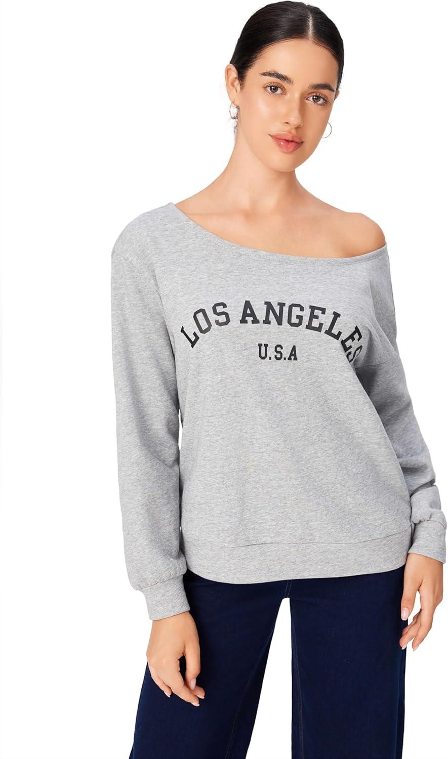 imageCIDER Womens Off Shoulder Sweatshirt Letter Printed Y2k Basic Casual Trendy Top Fall Fashion Pullover ShirtGrey
