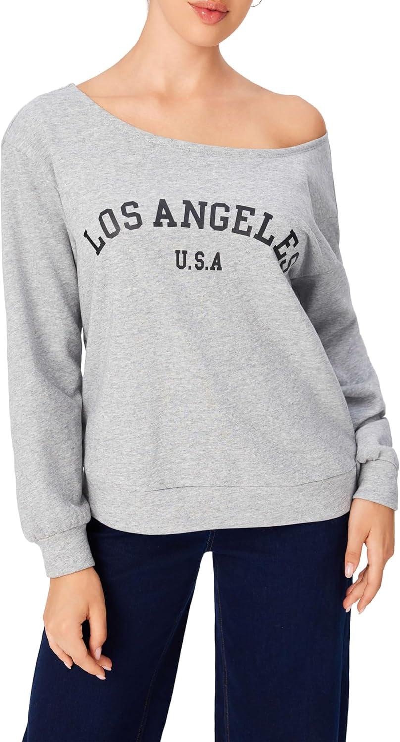 imageCIDER Womens Off Shoulder Sweatshirt Letter Printed Y2k Basic Casual Trendy Top Fall Fashion Pullover ShirtGrey
