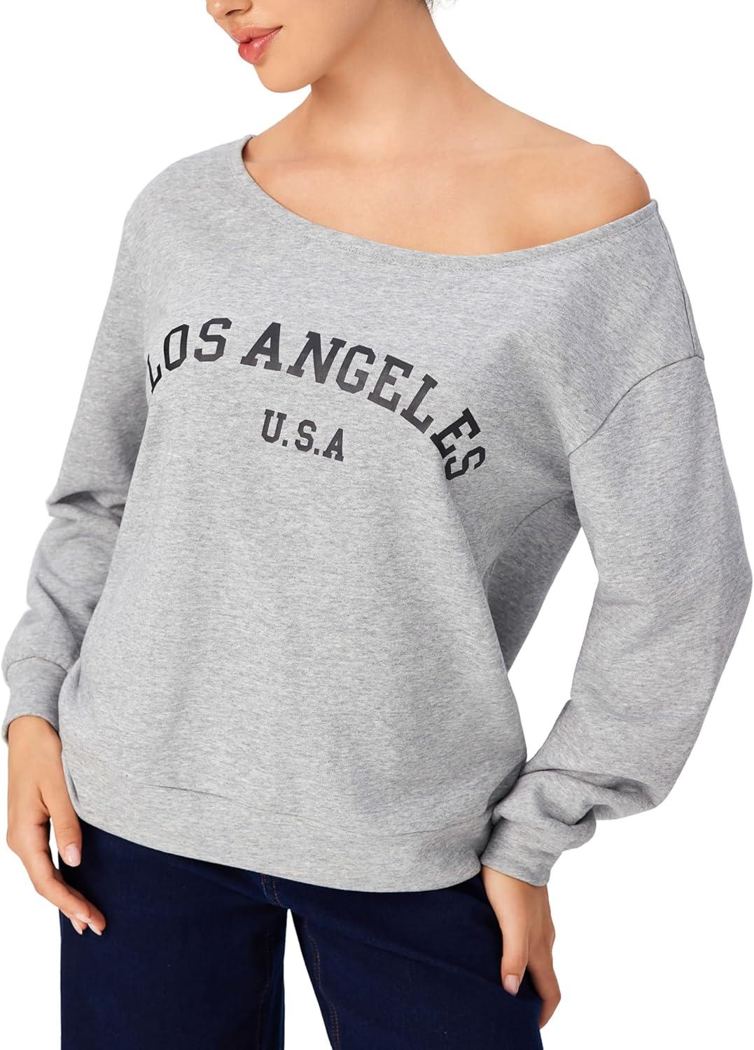 imageCIDER Womens Off Shoulder Sweatshirt Letter Printed Y2k Basic Casual Trendy Top Fall Fashion Pullover ShirtGrey