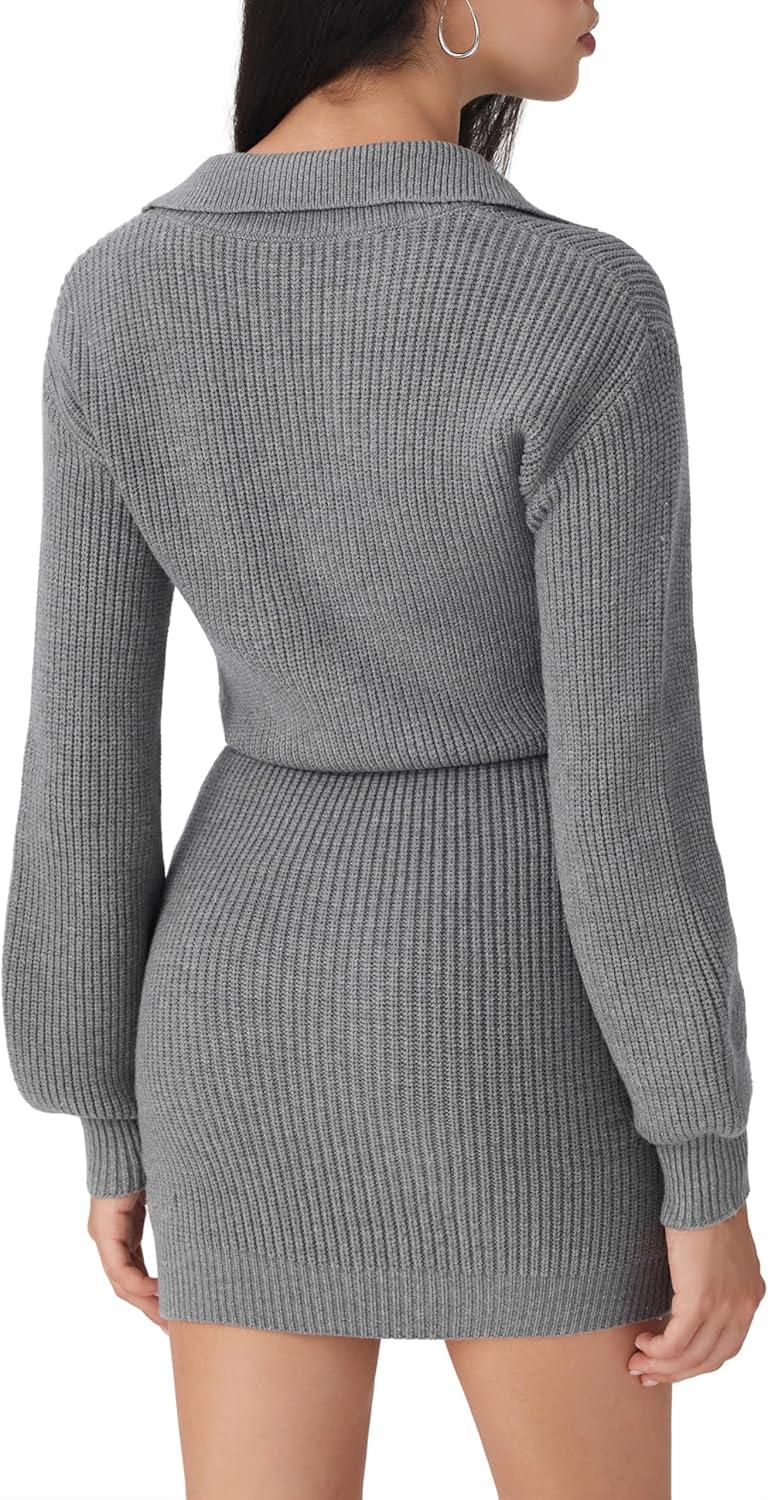 imageCIDER Womens Ribbed Knit Sweater Dress Long Sleeve V Neck Mini Cozy Dress Collared 2025 Fall DressesGrey
