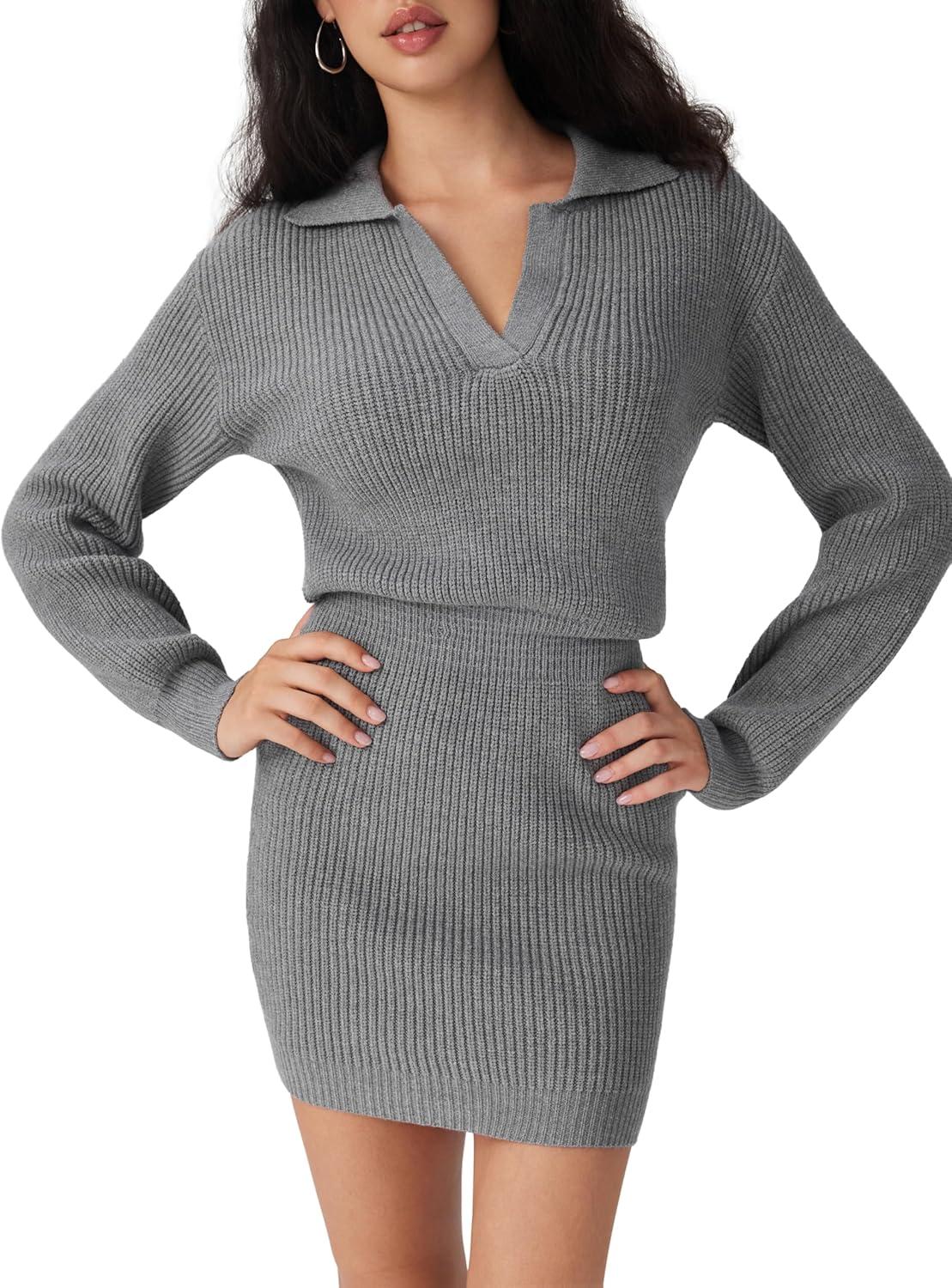 imageCIDER Womens Ribbed Knit Sweater Dress Long Sleeve V Neck Mini Cozy Dress Collared 2025 Fall DressesGrey