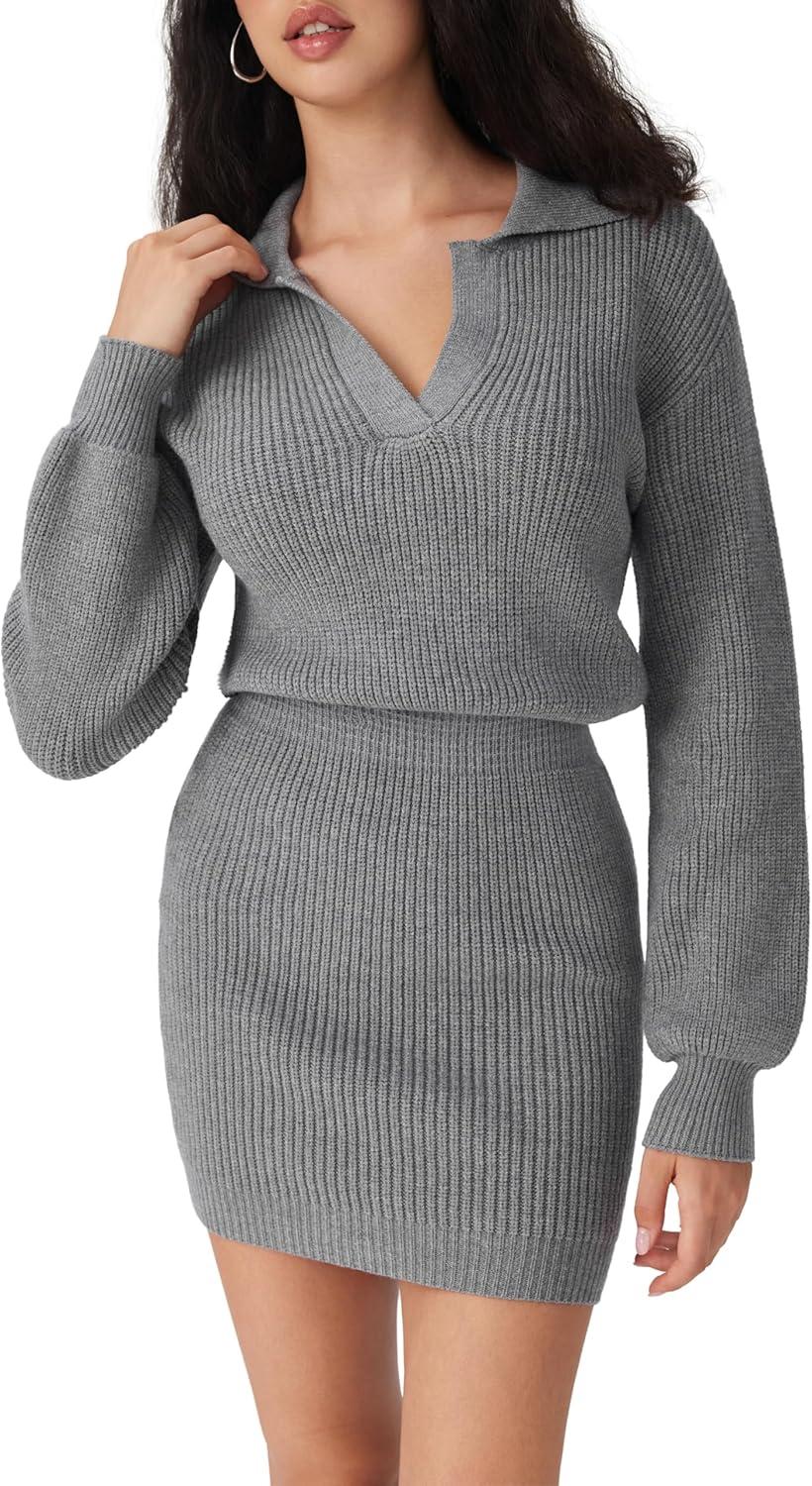 imageCIDER Womens Ribbed Knit Sweater Dress Long Sleeve V Neck Mini Cozy Dress Collared 2025 Fall DressesGrey