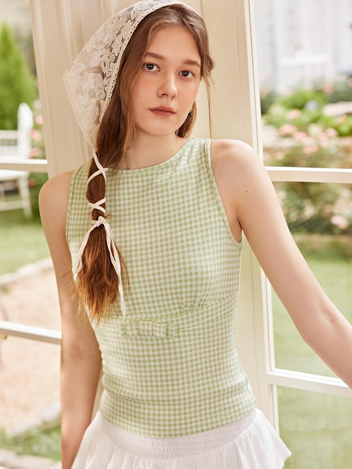 imageCIDER Womens Sleeveless Tank Tops Gingham Cute Bow Summer TopsGreen