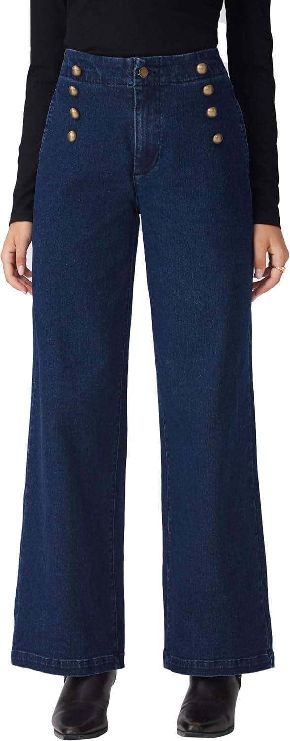 imageCIDER Womens Straight Leg Jeans High Waist Trendy Fall Fashion Denim Slim Basic Dressy Casual Business Button PantsMid Blue