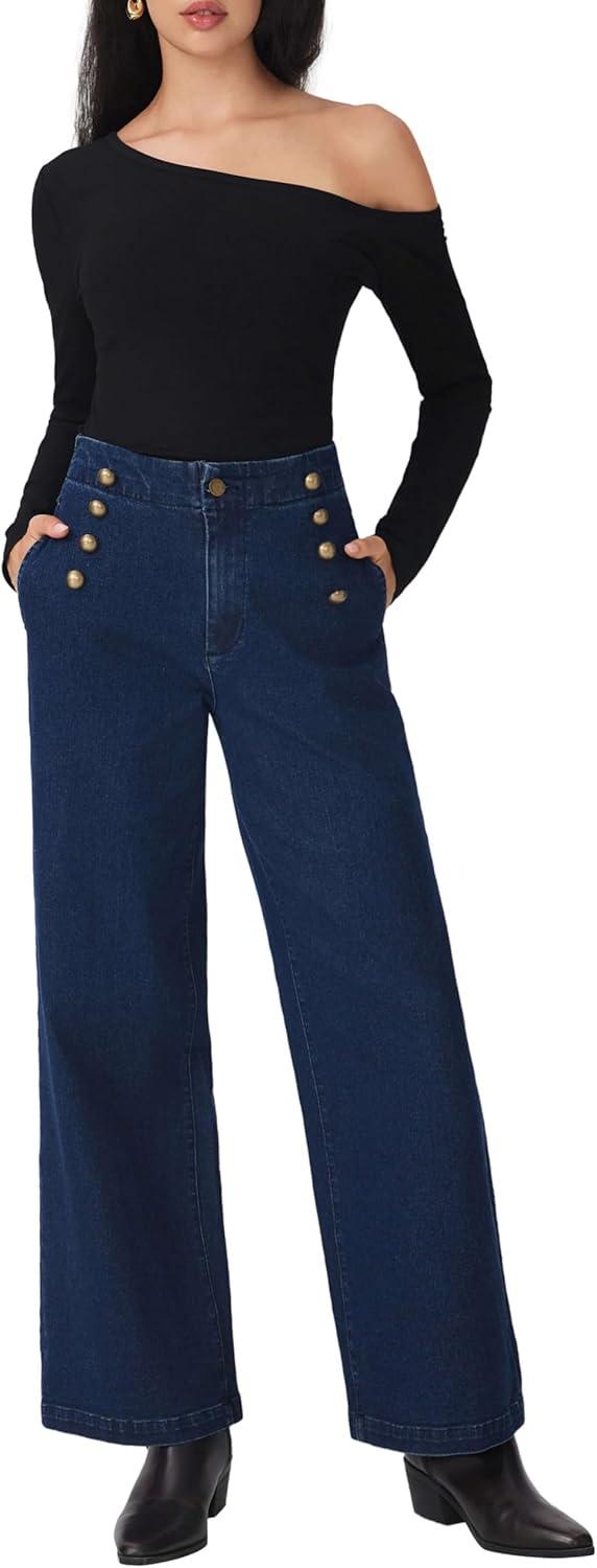 imageCIDER Womens Straight Leg Jeans High Waist Trendy Fall Fashion Denim Slim Basic Dressy Casual Business Button PantsMid Blue