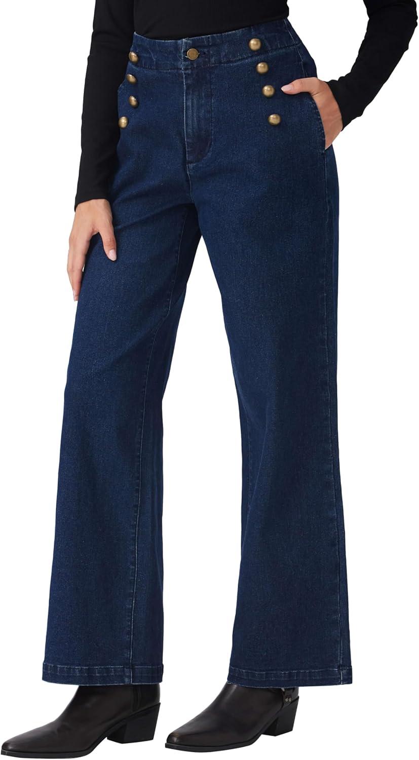 imageCIDER Womens Straight Leg Jeans High Waist Trendy Fall Fashion Denim Slim Basic Dressy Casual Business Button PantsMid Blue