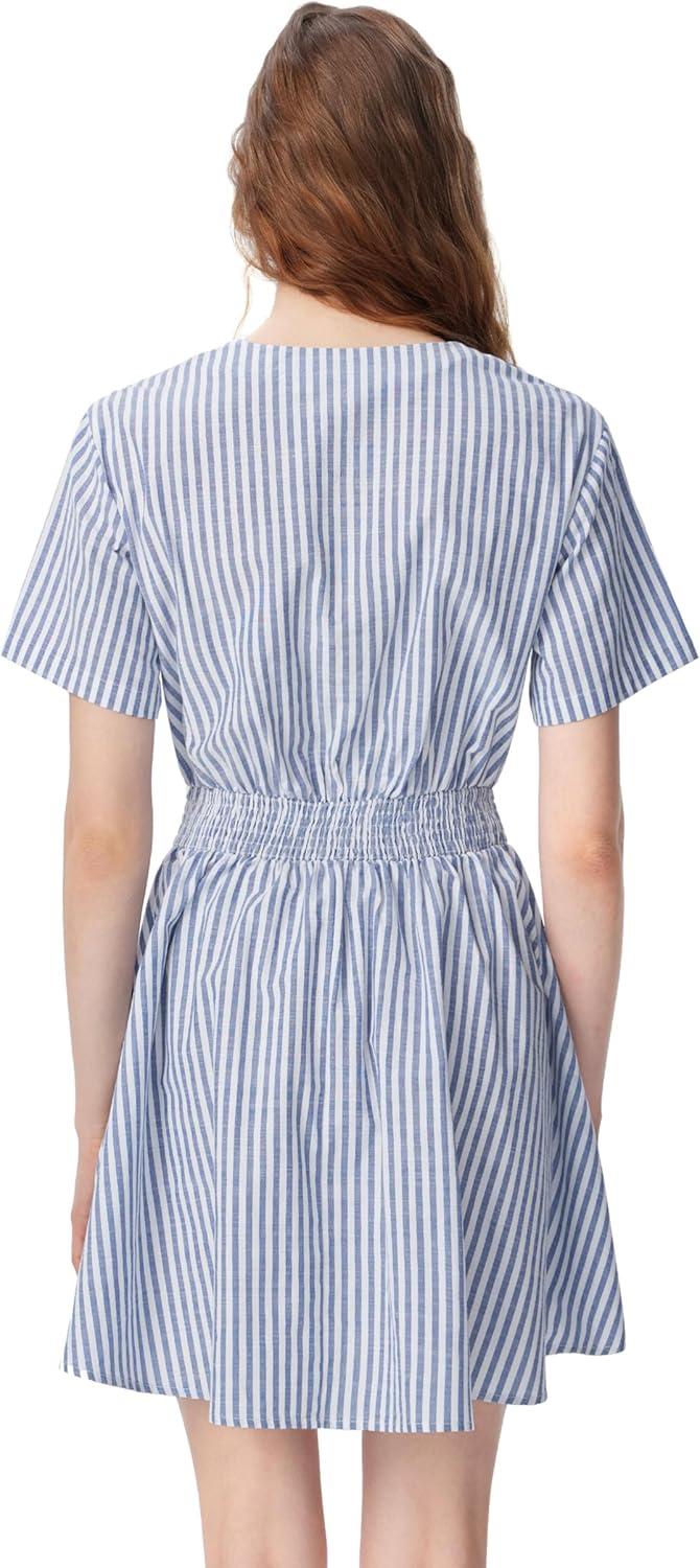 imageCIDER Womens Striped Dress Summer Casual Short Sleeve Mini Dress Elastic WaistSky Blue