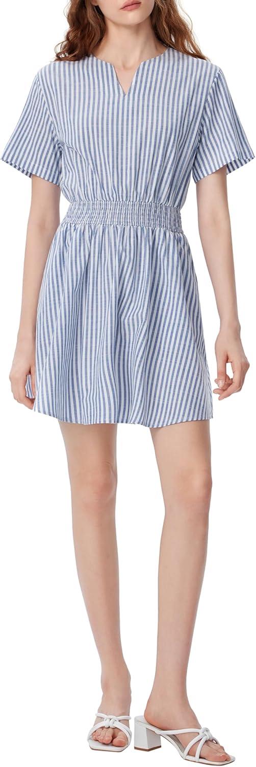 imageCIDER Womens Striped Dress Summer Casual Short Sleeve Mini Dress Elastic WaistSky Blue