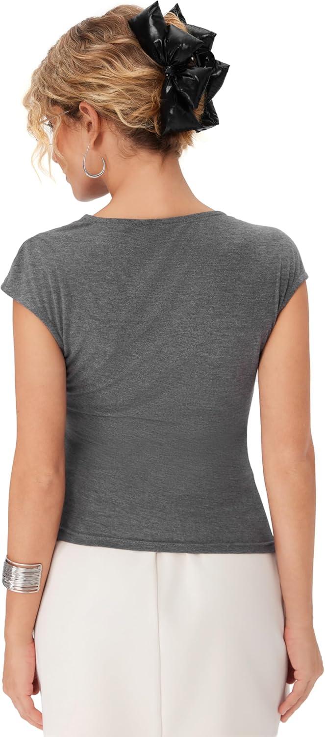 imageCIDER Womens Summer Ruched Tops Crew Neck Cap Sleeve Casual Tops Trendy TShirtGrey
