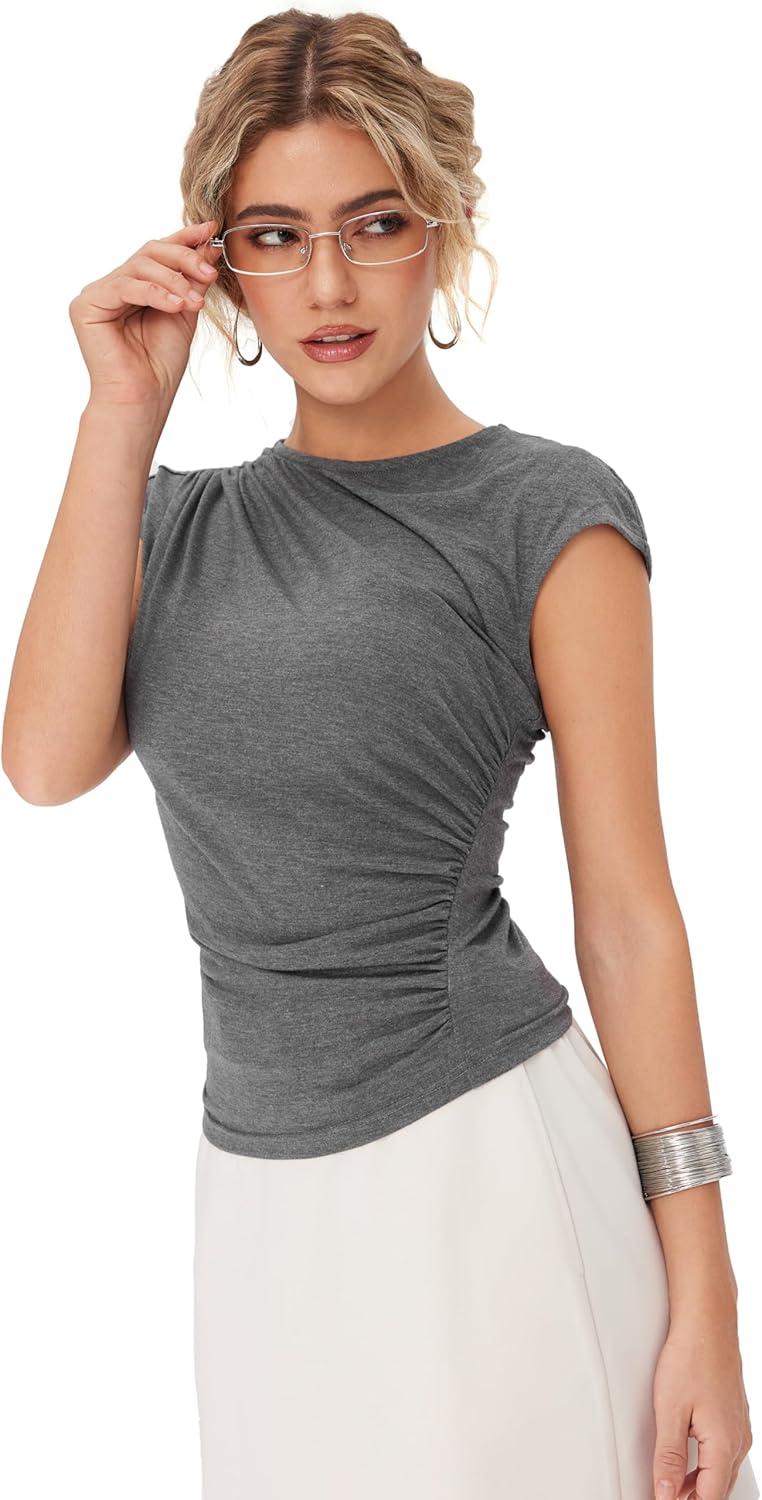 imageCIDER Womens Summer Ruched Tops Crew Neck Cap Sleeve Casual Tops Trendy TShirtGrey