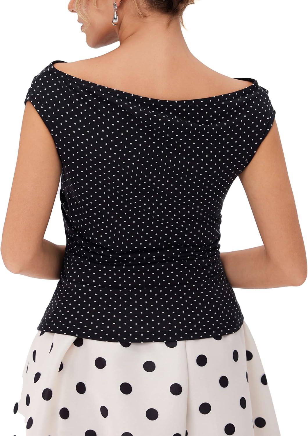 imageCIDER Womens Summer Tops Ruched Bowl Neck Polka Dots Tops TrendyBlack
