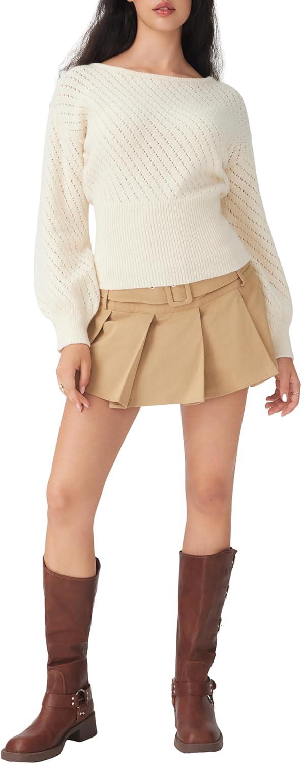 imageCIDER Womens Sweater Boat Neck Knit Sweater Balloon Sleeve for Women Knit Tops 2025 FallBeige