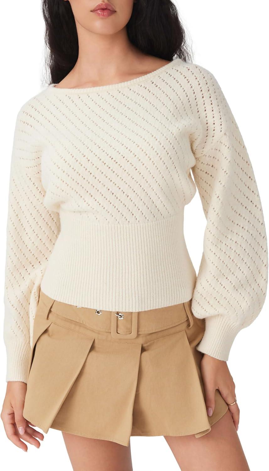 imageCIDER Womens Sweater Boat Neck Knit Sweater Balloon Sleeve for Women Knit Tops 2025 FallBeige