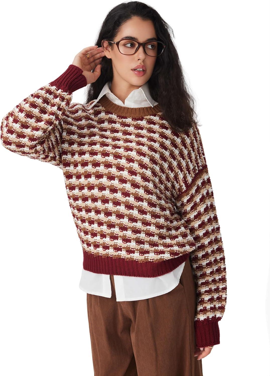 imageCIDER Womens Sweaters Jacquard Long Sleeve Trendy Knit Sweater Pullover Loose Fit Casual Old Money Fall OutfitsRed