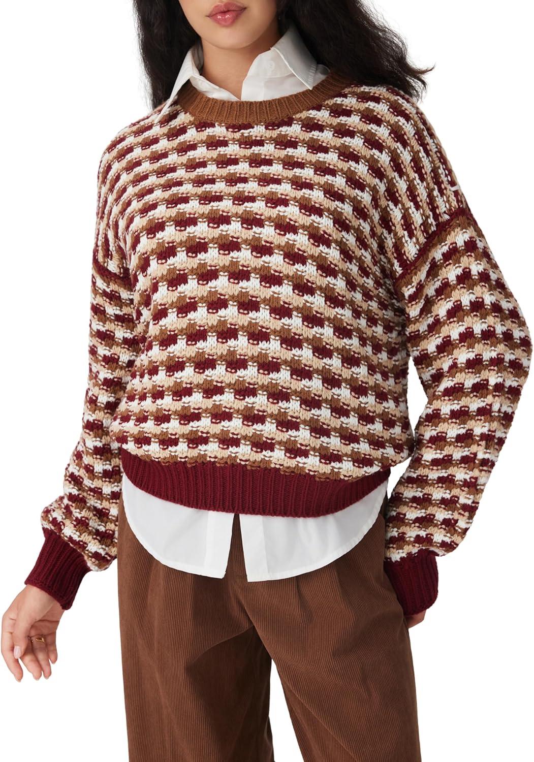 imageCIDER Womens Sweaters Jacquard Long Sleeve Trendy Knit Sweater Pullover Loose Fit Casual Old Money Fall OutfitsRed