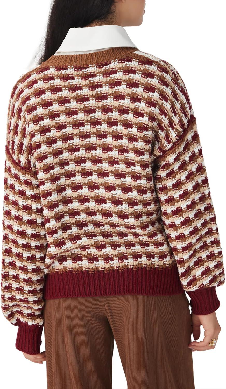 imageCIDER Womens Sweaters Jacquard Long Sleeve Trendy Knit Sweater Pullover Loose Fit Casual Old Money Fall OutfitsRed