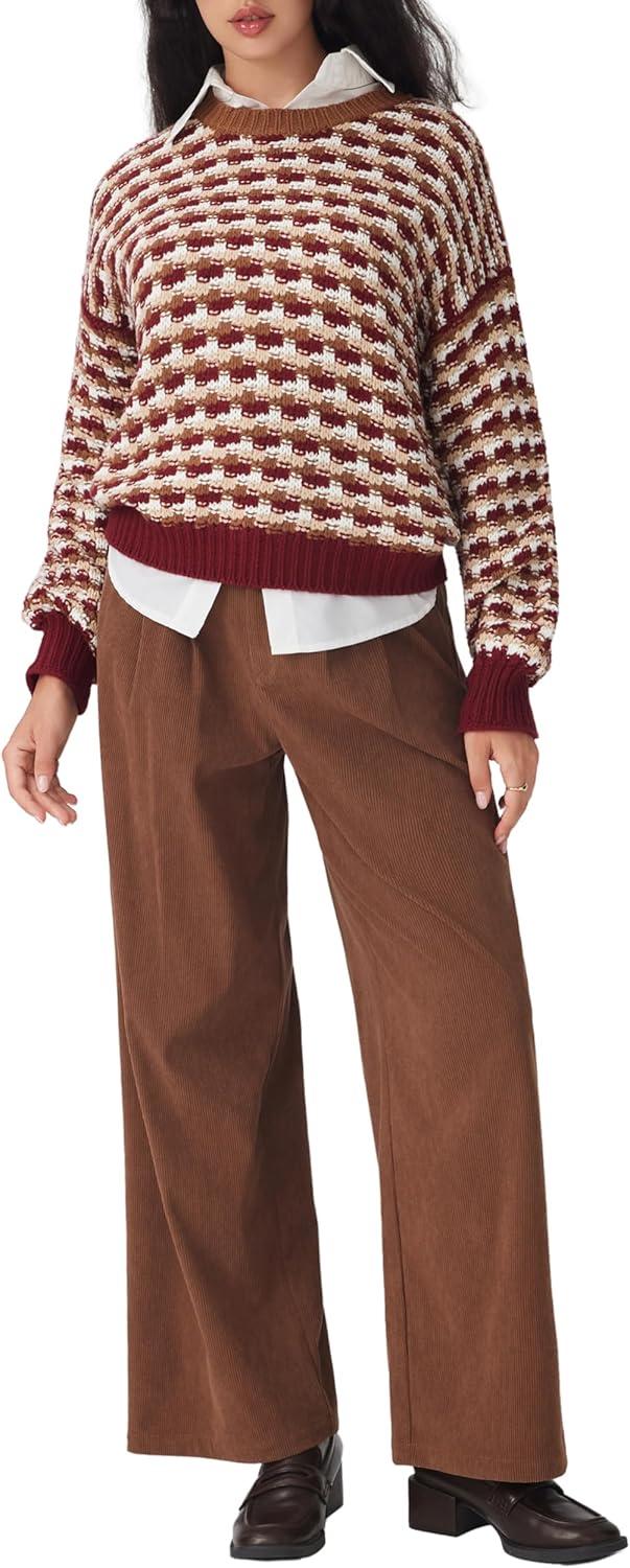 imageCIDER Womens Sweaters Jacquard Long Sleeve Trendy Knit Sweater Pullover Loose Fit Casual Old Money Fall OutfitsRed