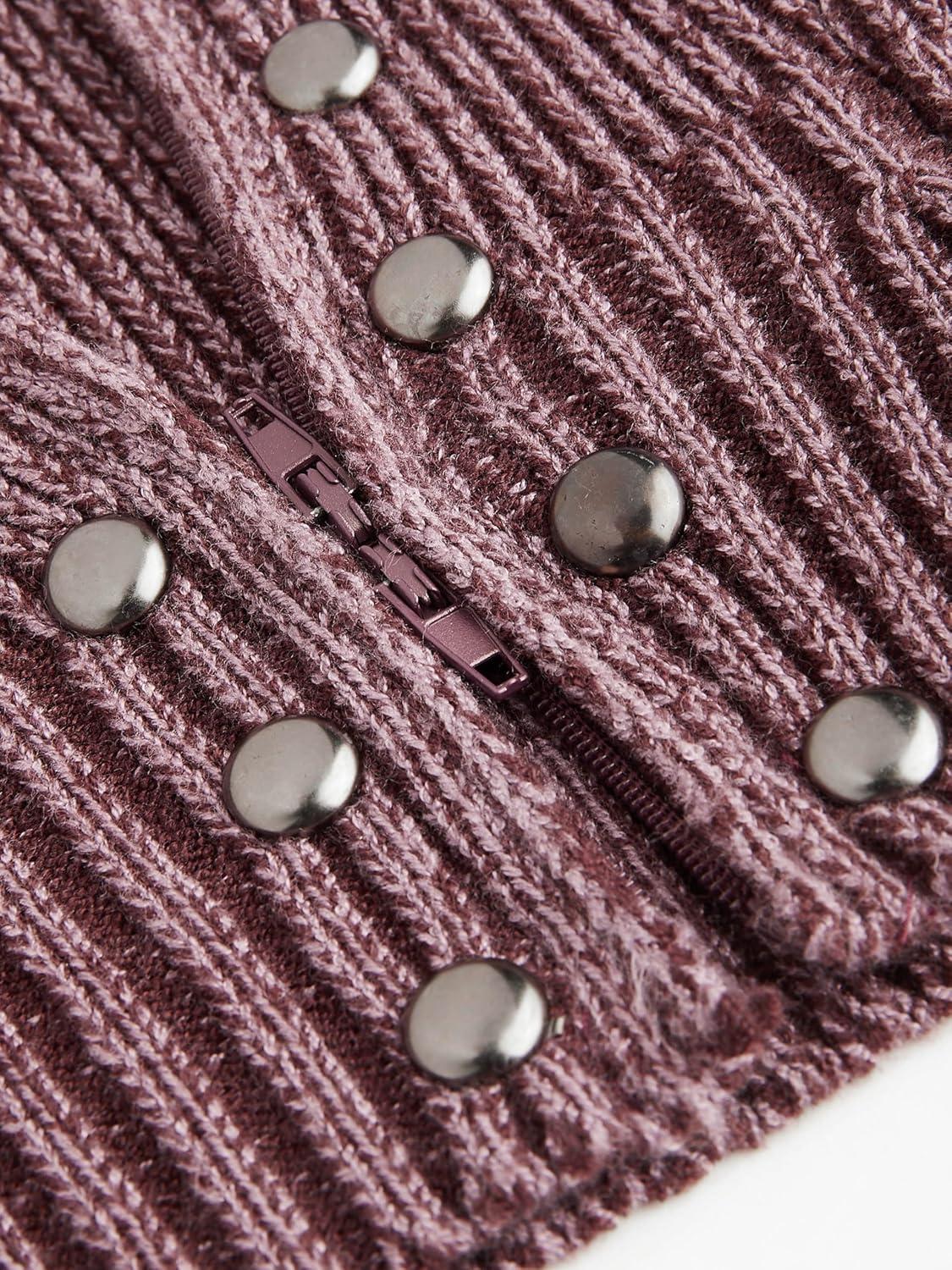 imageCIDER Zipper Cardigan Sweaters for Women Trendy Stand Collar Rivet Cardigans Split Long Sleeve Fall WinterBurgundy