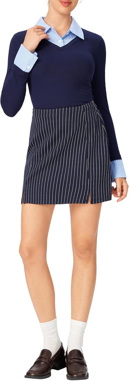 imageCider Mini Skirt High Waist Zip Up Split Bodycon Fitted Party A Line SkirtDark Denim