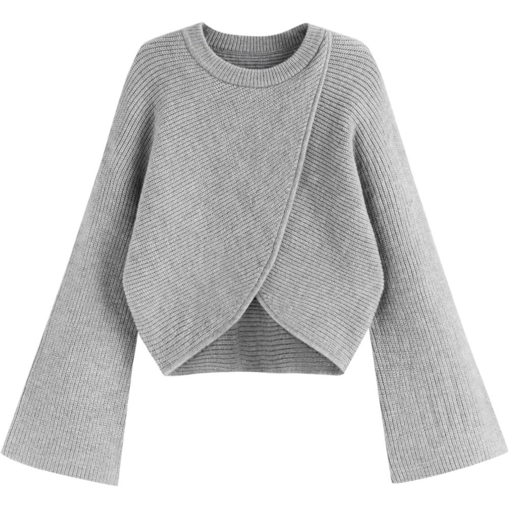 imageCIDER Cropped Sweaters for Women Trendy Wrap Sweater Bell Sleeve Ribbed Knit Pullover Sweater Fall OutfitsGray