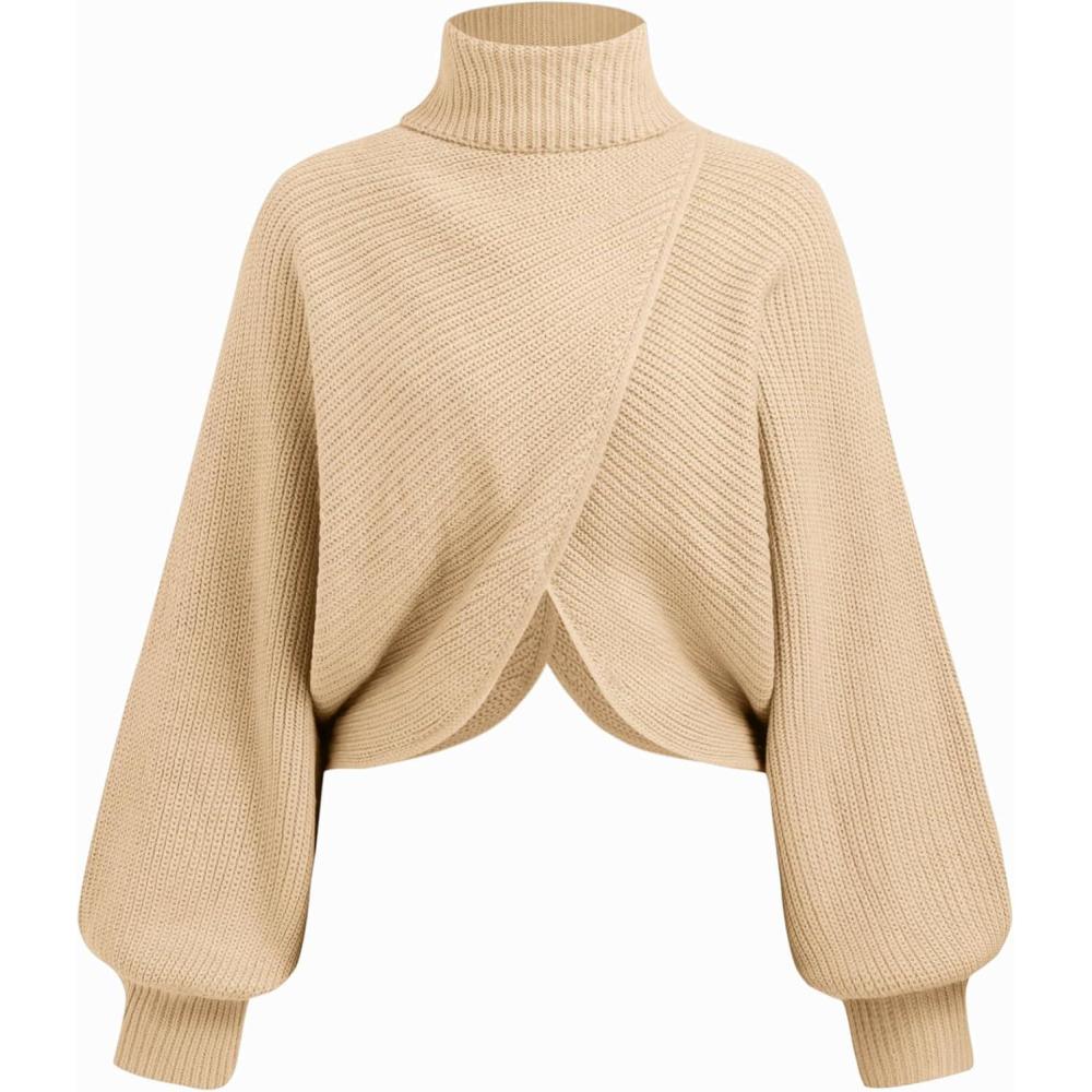 imageCIDER Cropped Sweaters for Women Turtleneck Sweater Long Sleeve Ribbed Knit Lantern Sleeve Pullover Fall OutfitsBeige