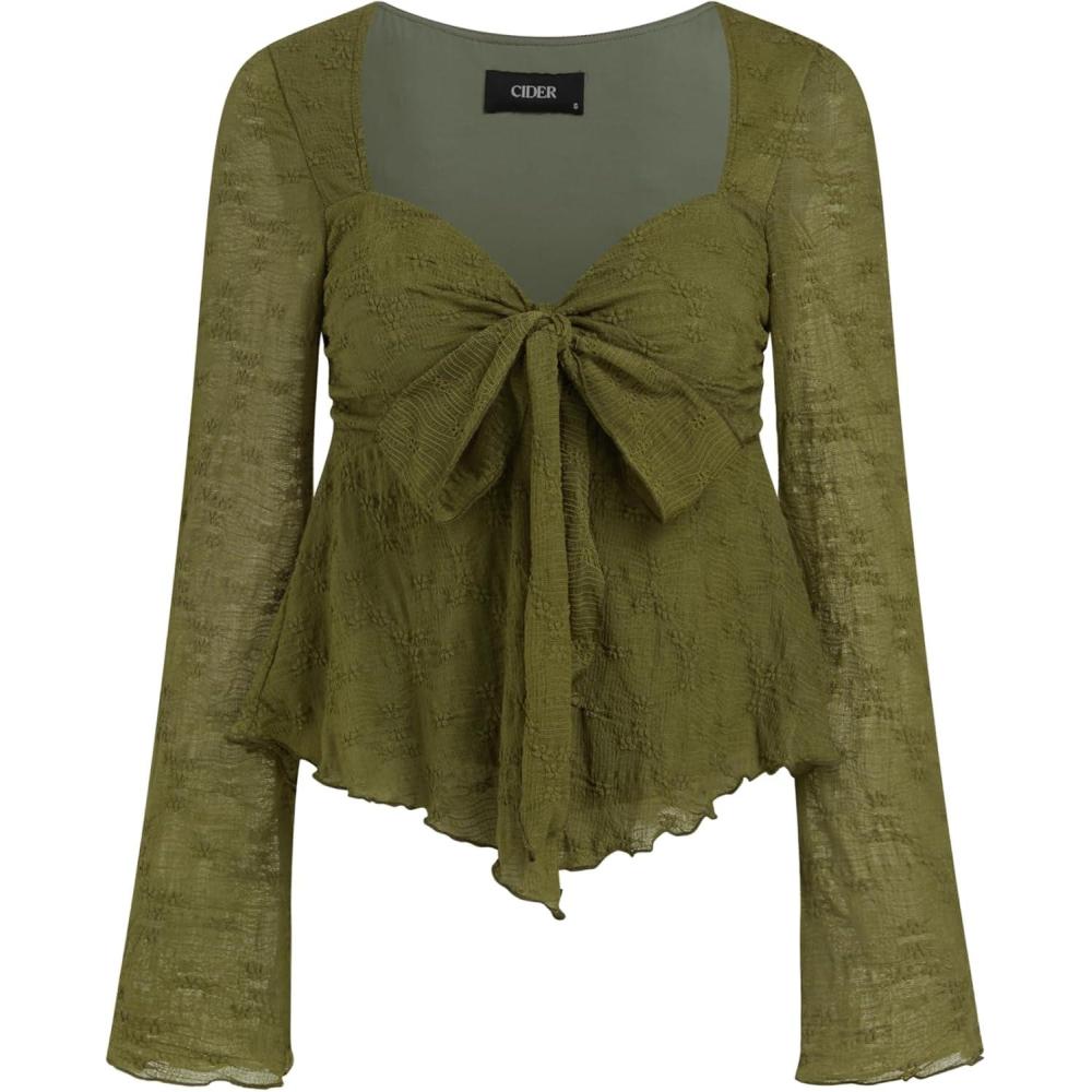 imageCIDER Cute Going Out Tops for Women Floral Flowy Tops Tie Front Mesh Long Bell Sleeve V Neck Y2K Top Trendy Fall SpringOlive Green