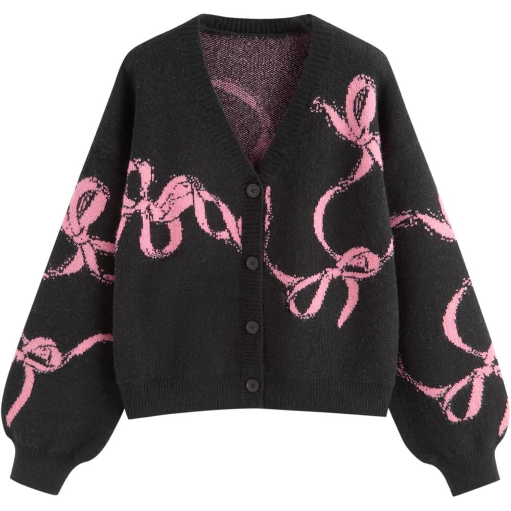 imageCIDER Fall Cardigan Sweaters for Women Trendy Bow Cardigan Long Sleeve Open Front Button Down Sweater Fall FashionBlack