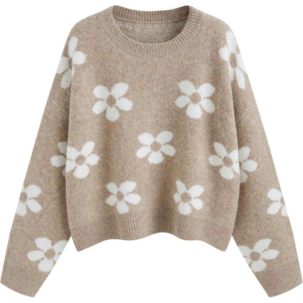 imageCIDER Floral Cozy Sweaters for Women Trendy Long Sleeve Cute Fall Outfits Casual Knit Pullover Sweater Fashion ClothesKhaki