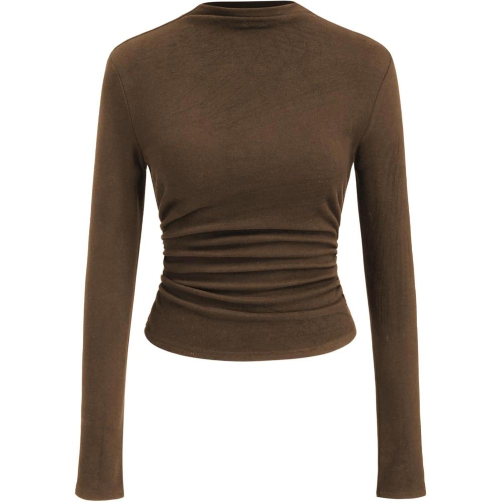imageCIDER Mock Neck Tops for Women Thermal Shirts Long Sleeve Ruched Going Out Tops Basic Tee Slim Fit Fall TopBrown
