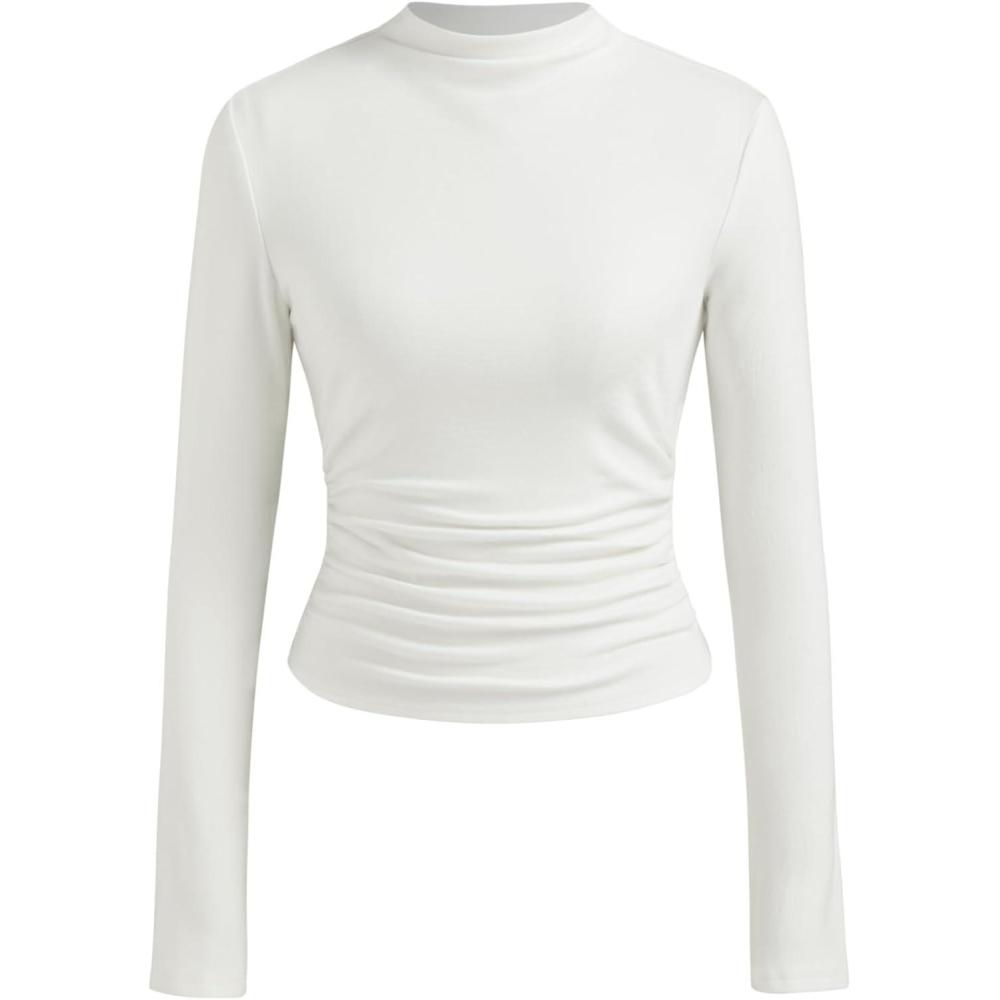 imageCIDER Mock Neck Tops for Women Thermal Shirts Long Sleeve Ruched Going Out Tops Basic Tee Slim Fit Fall TopWhite