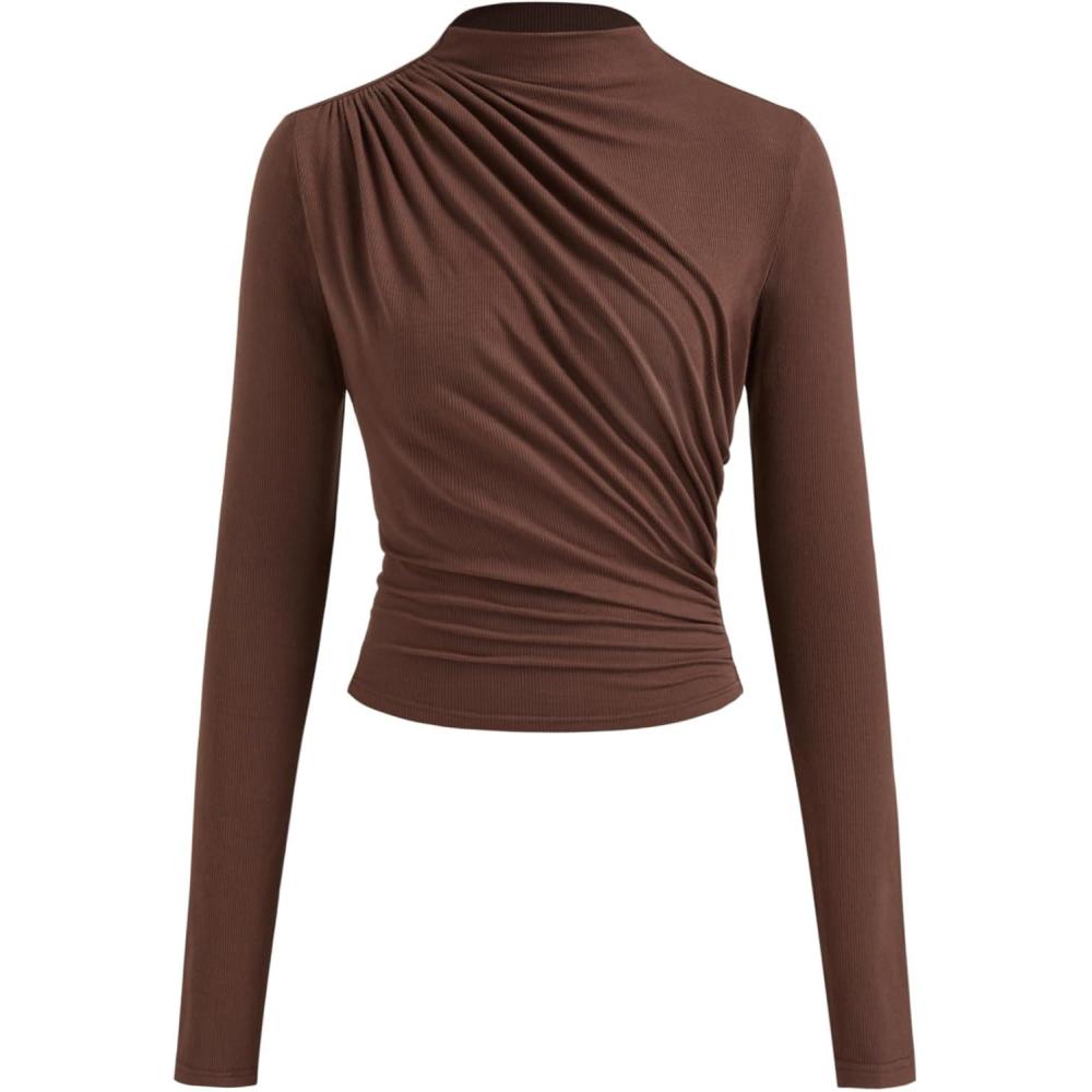 imageCIDER Mock Neck Tops for Women Trendy Ruched Long Sleeve Shirts Solid Basic Tee Slim Fit Fall TopsBrown