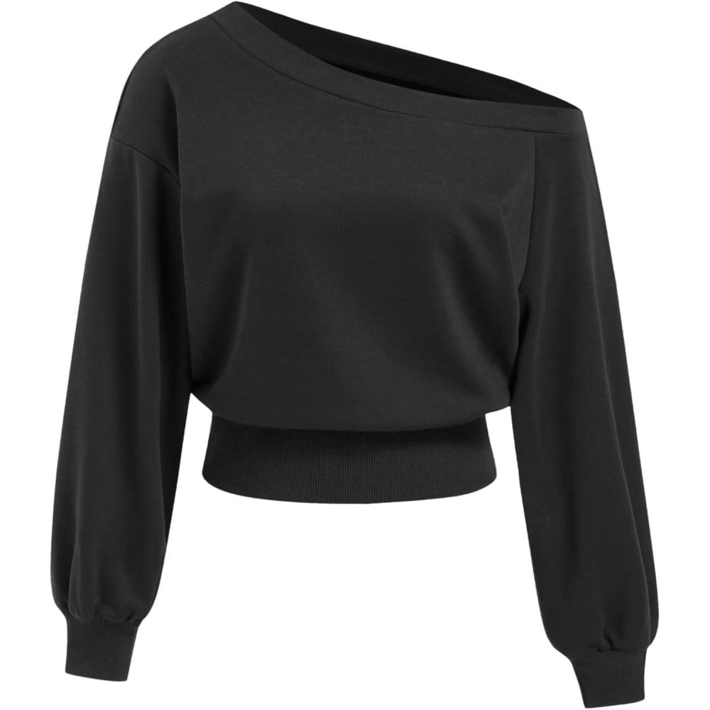 imageCIDER Off Shoulder Sweatshirt for Women Basic Casual Long Sleeve Pullover Fall FashionBlack