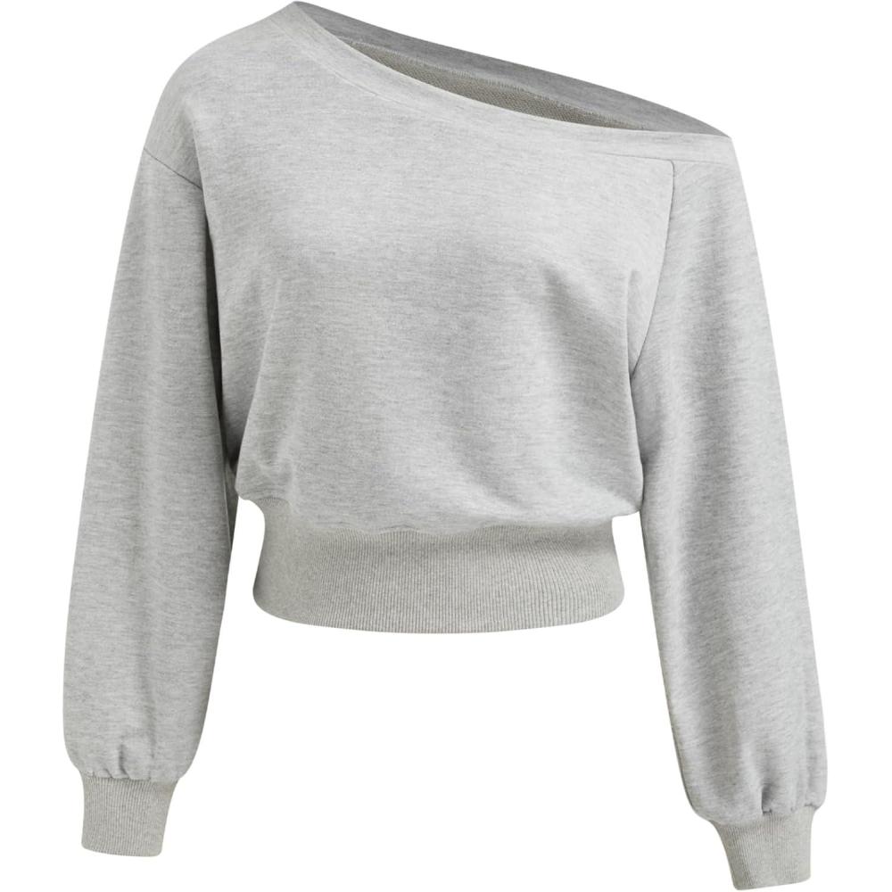 imageCIDER Off Shoulder Sweatshirt for Women Basic Casual Long Sleeve Pullover Fall FashionGrey