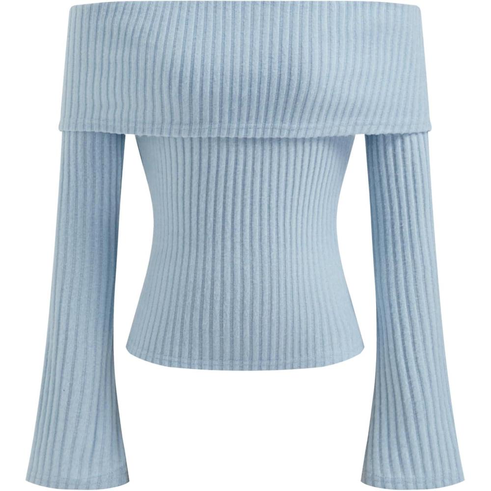 imageCIDER Off The Shoulder Tops for Women Long Sleeve Going Out Y2K Tops Knit Pullover Fall Outfits Trendy 2025Baby Blue