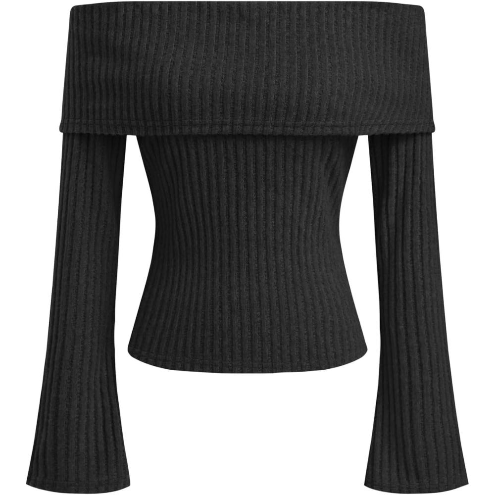imageCIDER Off The Shoulder Tops for Women Long Sleeve Going Out Y2K Tops Knit Pullover Fall Outfits Trendy 2025Black