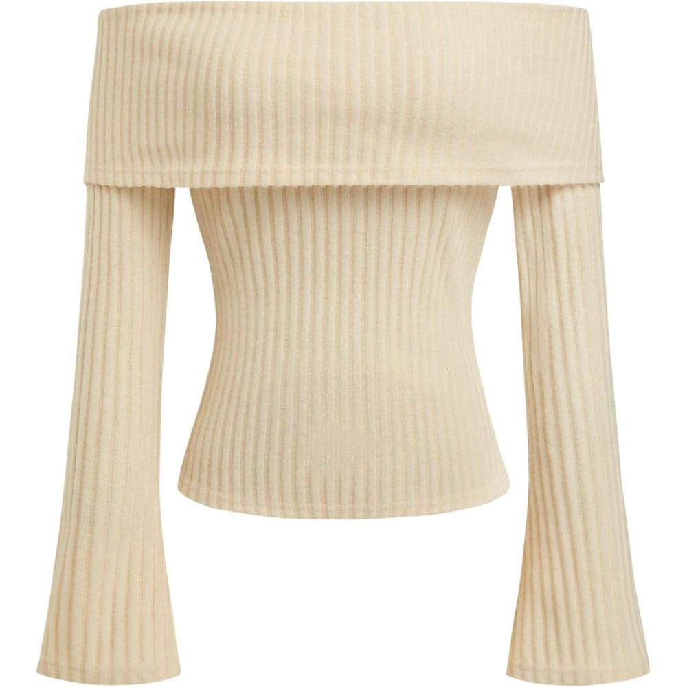 imageCIDER Off The Shoulder Tops for Women Long Sleeve Going Out Y2K Tops Knit Pullover Fall Outfits Trendy 2025Champagne