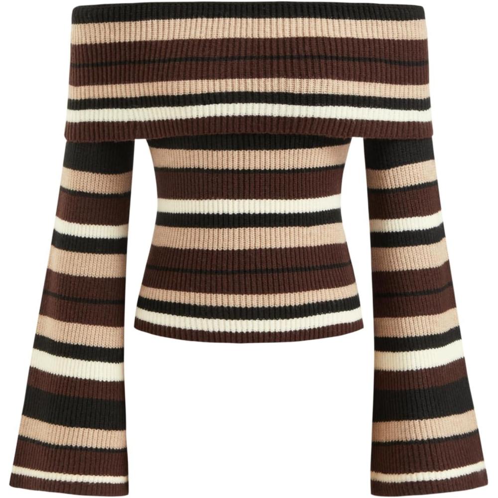 imageCIDER Off The Shoulder Tops for Women Long Sleeve Going Out Y2K Tops Knit Pullover Fall Outfits Trendy 2025Coffee