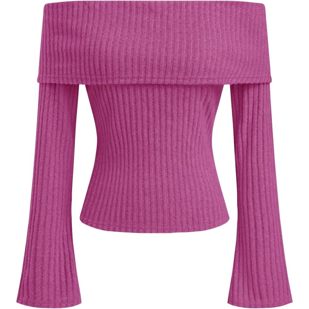 imageCIDER Off The Shoulder Tops for Women Long Sleeve Going Out Y2K Tops Knit Pullover Fall Outfits Trendy 2025Fuchsia