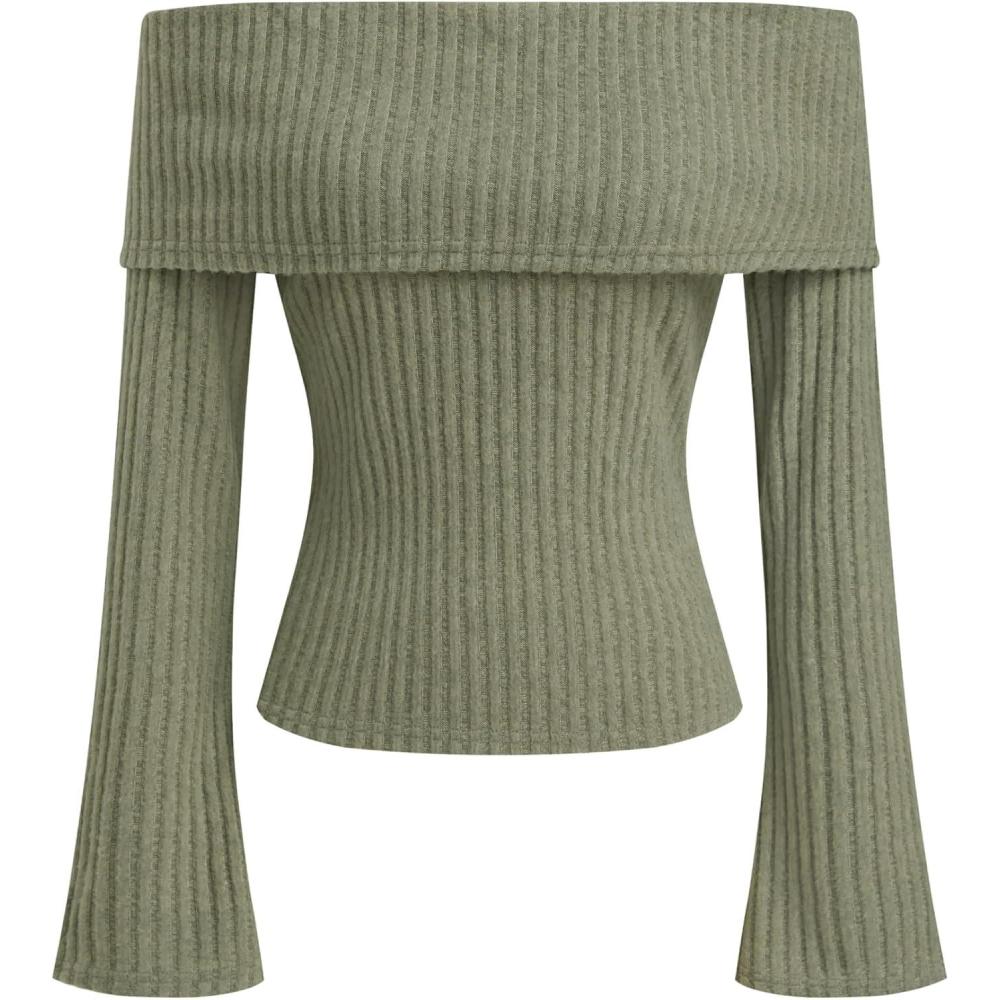 imageCIDER Off The Shoulder Tops for Women Long Sleeve Going Out Y2K Tops Knit Pullover Fall Outfits Trendy 2025Green