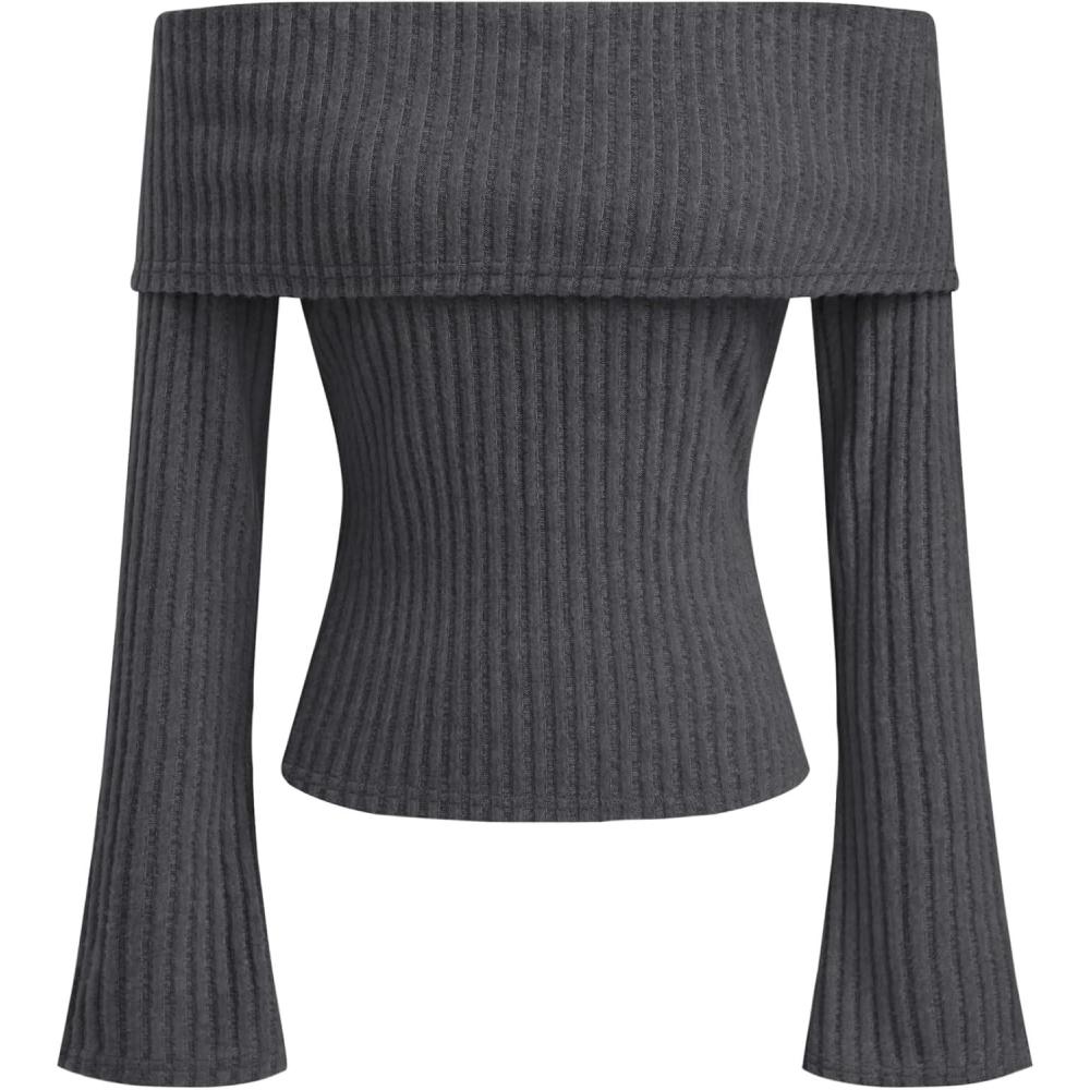 imageCIDER Off The Shoulder Tops for Women Long Sleeve Going Out Y2K Tops Knit Pullover Fall Outfits Trendy 2025Grey