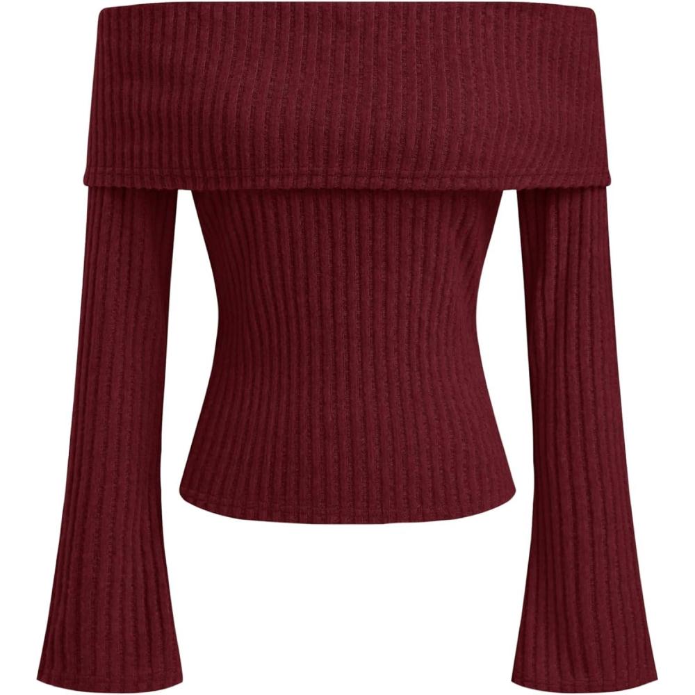 imageCIDER Off The Shoulder Tops for Women Long Sleeve Going Out Y2K Tops Knit Pullover Fall Outfits Trendy 2025Red