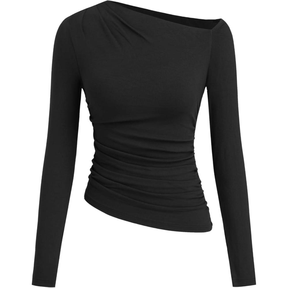 imageCIDER Off The Shoulder Tops for Women Long Sleeve Shirts Asymmetrical Neck Ruched Going Out Tops Y2K Slim Fit Fall TopBlack