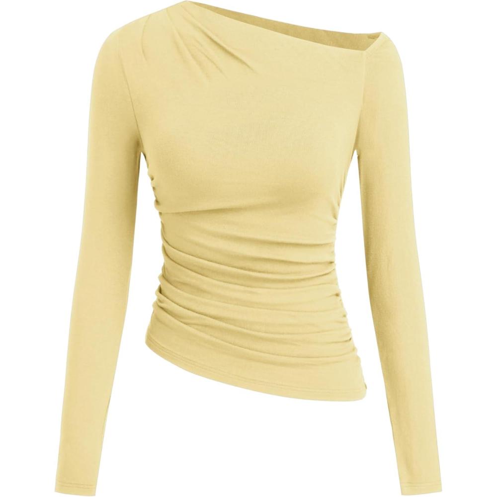 imageCIDER Off The Shoulder Tops for Women Long Sleeve Shirts Asymmetrical Neck Ruched Going Out Tops Y2K Slim Fit Fall TopYellow